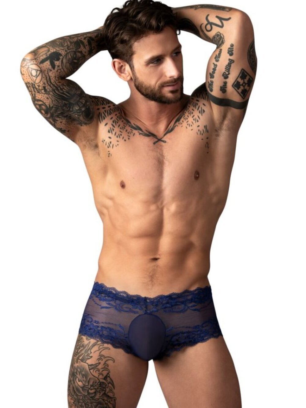 Male Power 127-280 Sassy Lace Mini Short Sheer Pouch Navy